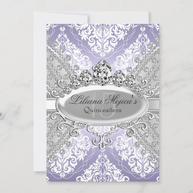 Invitation Joli Argent Pourpre Damask & Tiara Quinceanera (Devant)