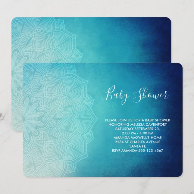 Invitation Joli Baby shower Abstrait Mandala bleu (Devant / Derrière)
