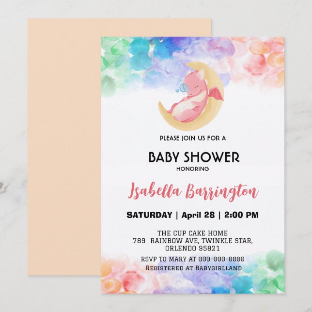 Invitation Joli baby shower d'aquarelle de dinosaure dragon b (Devant / Derrière)