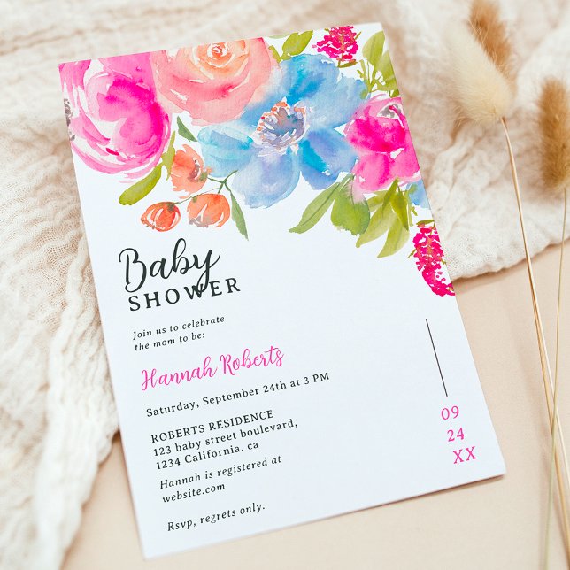 Invitation Joli baby shower d'aquarelle fleurie bohème (Pretty bohemian floral watercolor baby shower invitation)