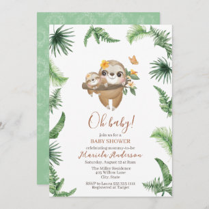 Invitation Joli Baby shower d'aquarelle Sloth Greenery