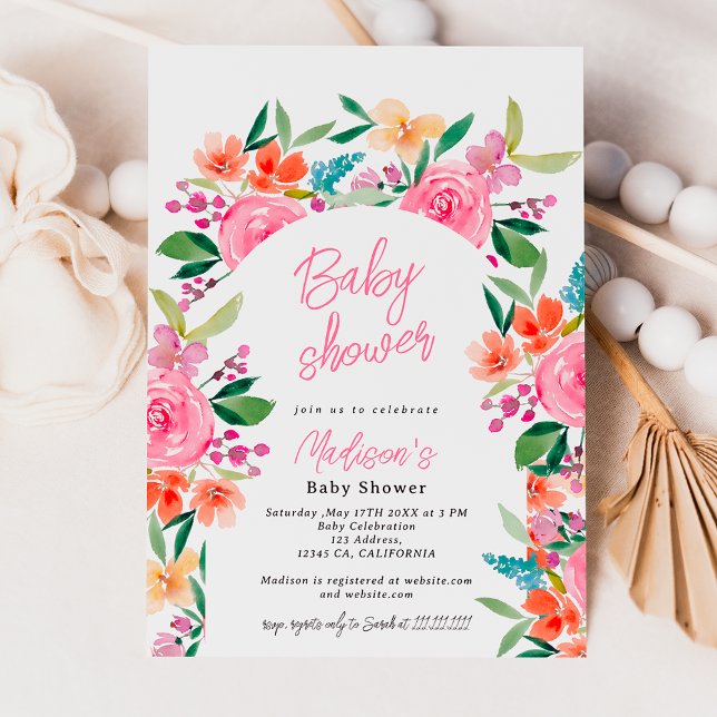 Invitation Joli baby shower d'arche fleurie de jardin (Pretty garden floral watercolor arch baby shower invitation)