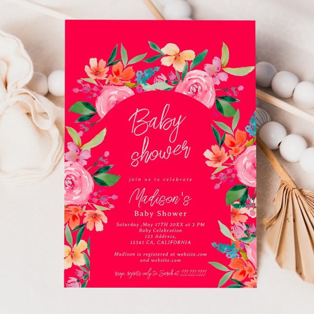 Invitation Joli baby shower d'arche fleurie de jardin (Pretty garden floral watercolor arch baby shower invitation on neon hot pink)