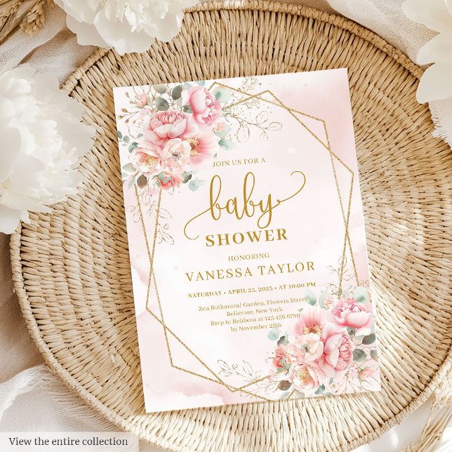 Invitation Joli baby shower de fille rose et or floral (Lovely blush pink and gold floral girl baby shower Invitation)