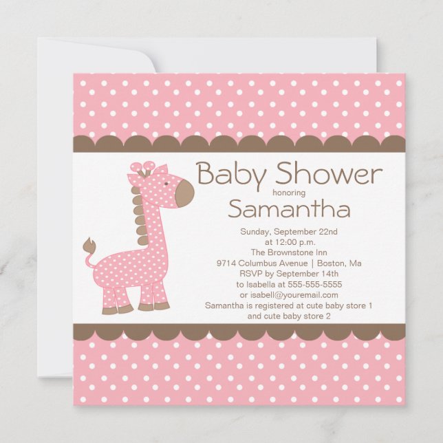 Invitation Joli Baby shower de filles Giraffe rose Brown (Devant)