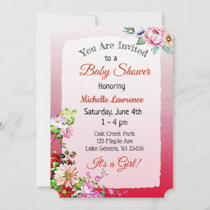 Invitation Joli Baby shower de la fille rouge florale