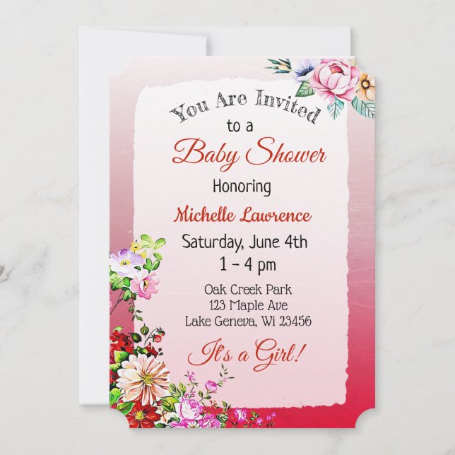 Invitation Joli Baby shower de la fille rouge florale (Devant)