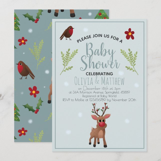 Invitation Joli Baby shower de Noël Rudolph Reindeer (Devant / Derrière)