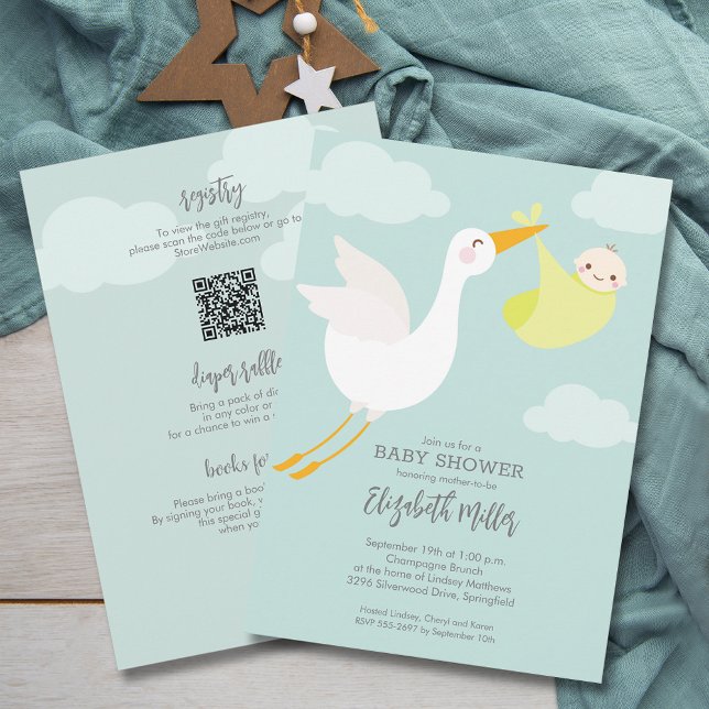 Invitation Joli Baby shower de réserve Jaune tout en un (Cute Yellow Bundle Stork Baby Shower All In One Invitations, registry QR Code & more on the back)