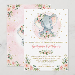 Invitation Joli Baby shower d'éléphant Blush Gold Floral Rose