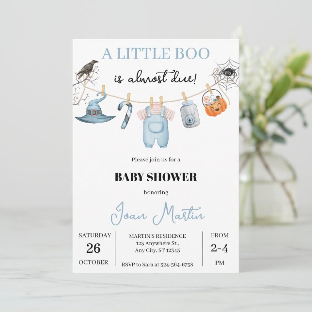 Invitation Joli Baby shower d'Halloween pour garçon (Debout devant)