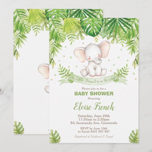 Invitation Joli Baby shower éléphant Jungle Animaux Garçon (Devant / Derrière)