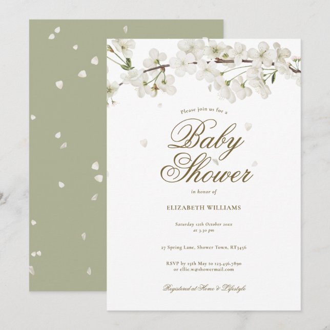 Invitation Joli Baby shower en fleurs blanches / Saupoudrer (Devant / Derrière)