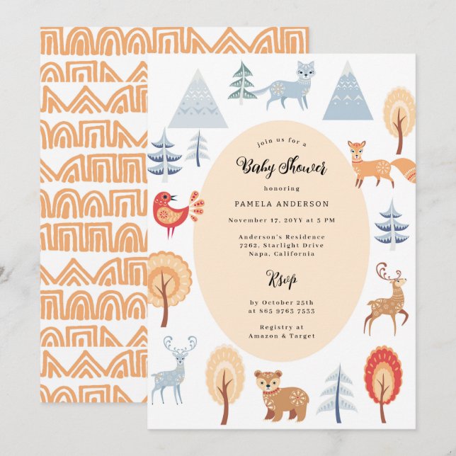 Invitation Joli Baby shower Ethnique Bois Animaux (Devant / Derrière)