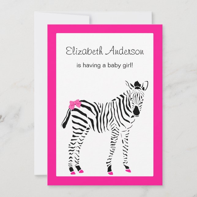 Invitation Joli Baby shower Fille Rose Chaud Et Noir Zèbre (Devant)