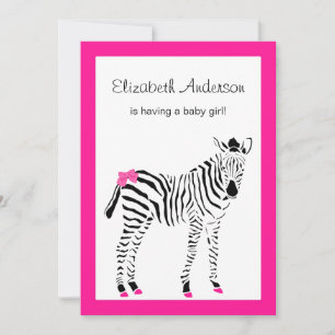 Invitation Joli Baby shower Fille Rose Chaud Et Noir Zèbre