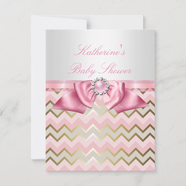 Invitation Joli Baby shower fille rose or Chevron (Devant)