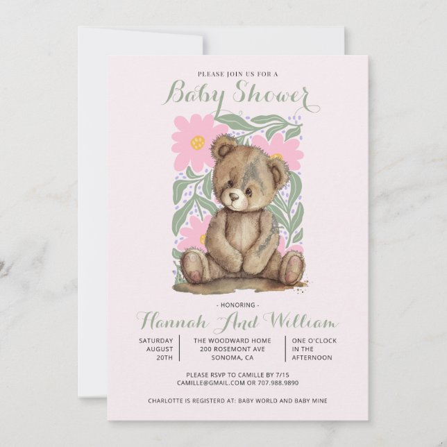 Invitation Joli Baby shower Fille Rose Ours Teddy (Devant)