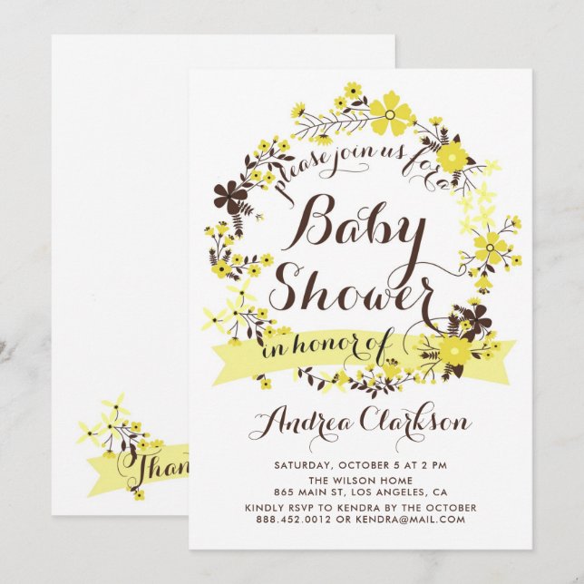 Invitation Joli Baby shower fleuri jaune (Devant / Derrière)