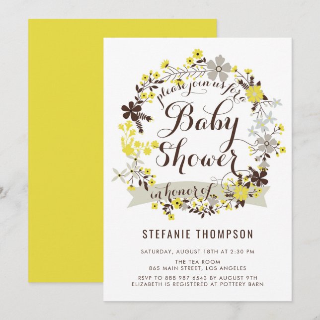 Invitation Joli Baby shower fleuri jaune et gris (Devant / Derrière)