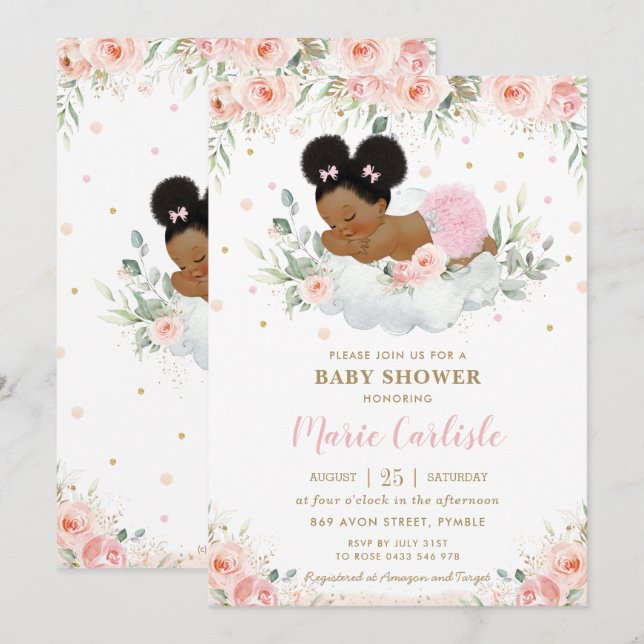 Invitation Joli Baby shower Floral Blush Africain (Devant / Derrière)