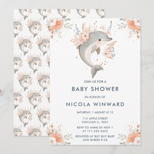 Invitation Joli Baby shower floral dauphin (Devant / Derrière)