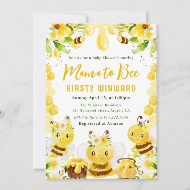 Invitation Joli Baby shower Floral Miel Abeilles (Devant)