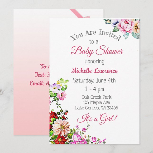 Invitation Joli Baby shower floral rose fille (Devant / Derrière)