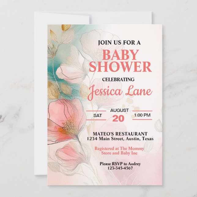 Invitation Joli Baby shower floral rose fille (Devant)
