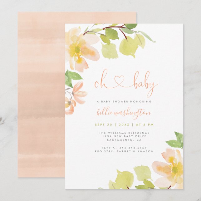 Invitation Joli Baby shower Floral Rose Rose Rose Vert (Devant / Derrière)