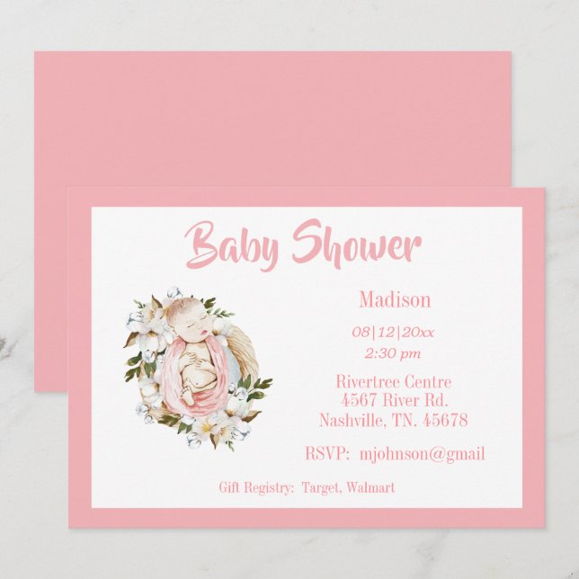 Invitation Joli Baby shower Floral Rose Script fille (Devant / Derrière)