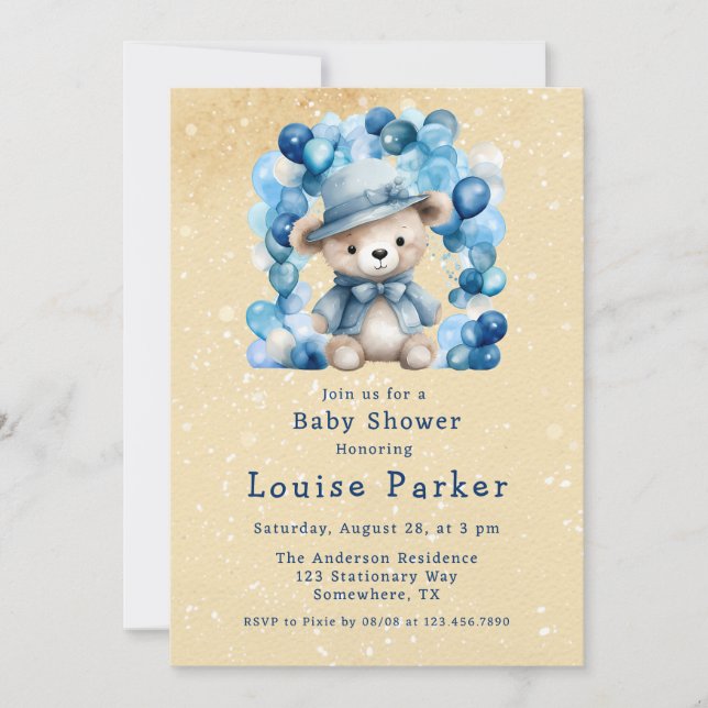 Invitation Joli Baby shower Garçon En Ours En Teddy (Devant)