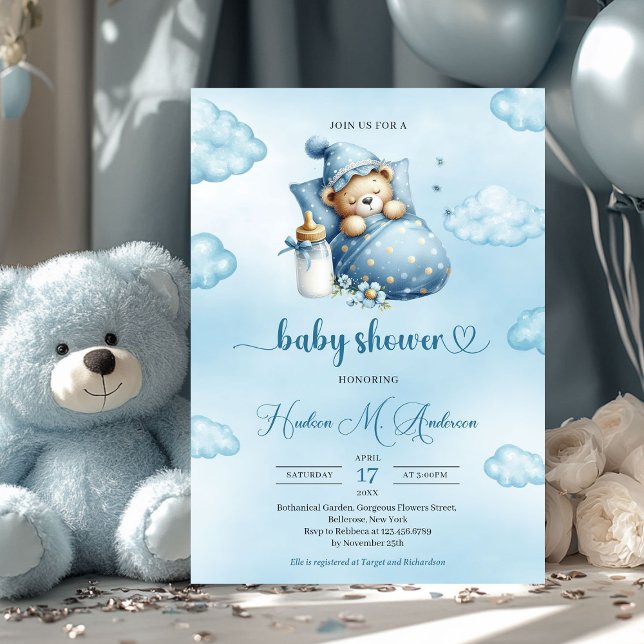 Invitation Joli Baby shower garçon ours en peluche dormant (cute sleeping teddy bear boy baby shower invitation )