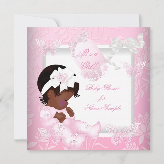 Invitation Joli Baby shower mignon fille papillon rose ethniq (Devant)