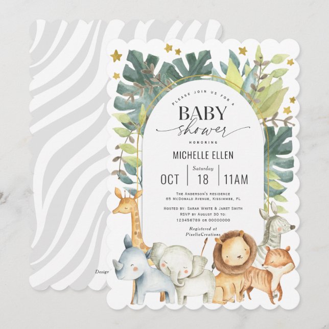Invitation Joli baby shower moderne safari animaux aquarelle (Devant / Derrière)