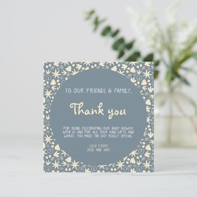 Invitation Joli baby shower motif amusant bleu et jaune (Debout devant)