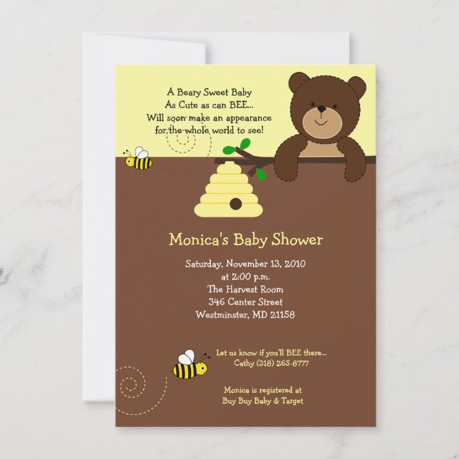 Invitation Joli Baby shower Ours Brown et Abeille de Miel 4x6 (Devant)