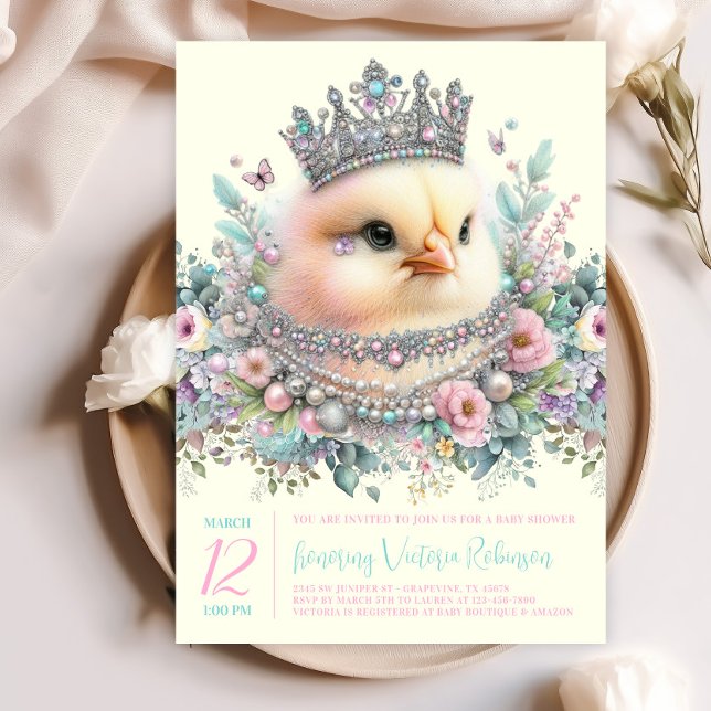 Invitation Joli Baby shower Pastel Chick (Beautiful chick with jewels and crown on a pretty floral background. )