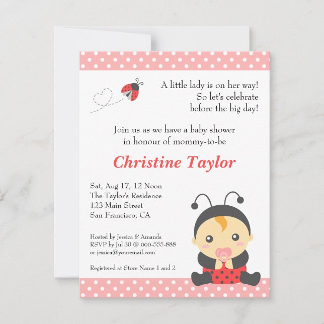 Invitation Joli Baby shower Pois de la fille Ladybug (Devant)