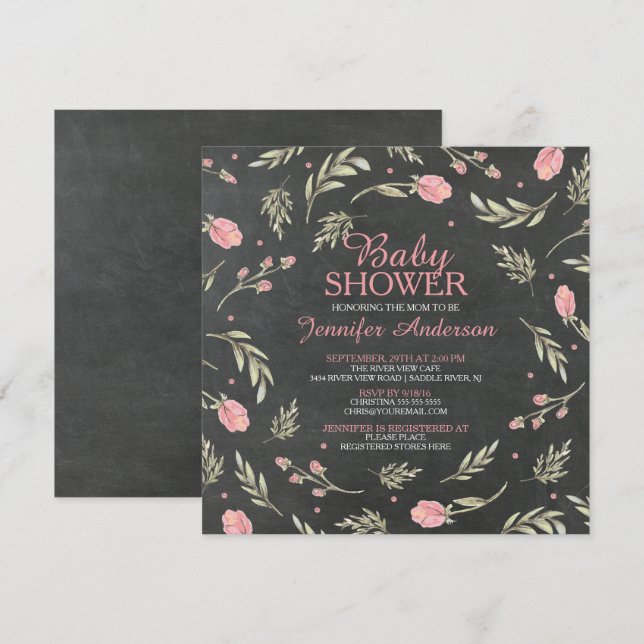 Invitation Joli Baby shower Rose Chalkboard filles (Devant / Derrière)