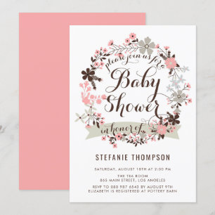 Invitation Joli Baby shower rose et gris fleuri