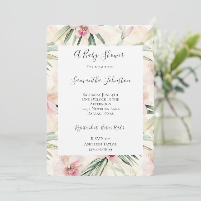 Invitation Joli Baby shower rose Fleurs d'orchidées tropicale (Debout devant)