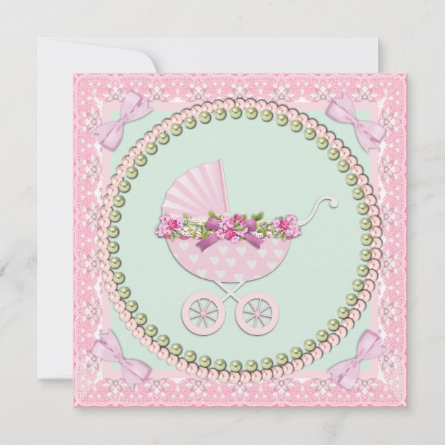 Invitation Joli Baby shower rose perle et vert (Devant)