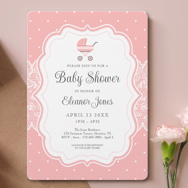 Invitation Joli Baby shower rose Vintage (Baby shower invitation with rounded corners)