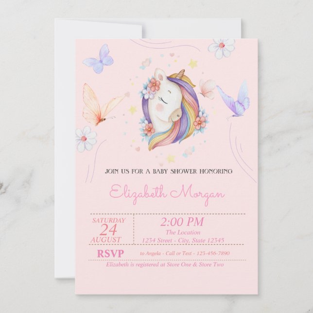Invitation Joli Baby shower Unicorn Floral Papillons (Devant)
