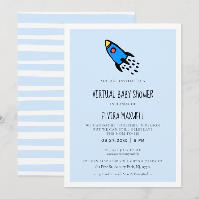 Invitation Joli Baby shower virtuel de fusées bleu garçon (Devant / Derrière)