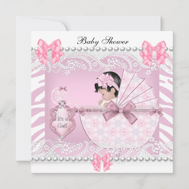 Invitation Joli Baby shower Zebra Baby Girl Dentelle rose (Devant)