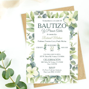 Invitation Joli Baptême et première année feuilles vertes