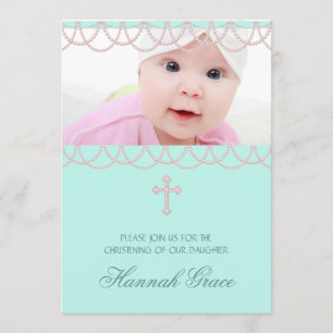 Invitation Joli baptême photo rose et bleu sarcelle