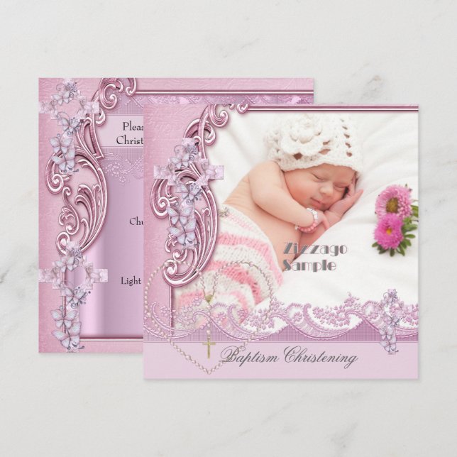 Invitation Joli Baptême rose Fille Photo Papillon Dentelle (Devant / Derrière)